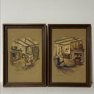 Vintage Framed Art Prints with Spinning Wheel Scenes by Paul Porter